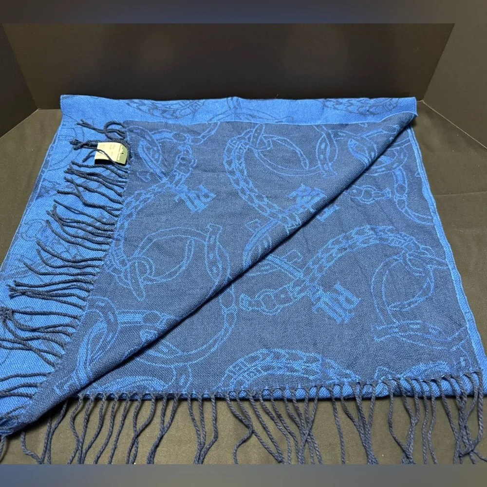 Ralph Lauren Royal Navy Blue Knit Acrylic Scarf Fringe New